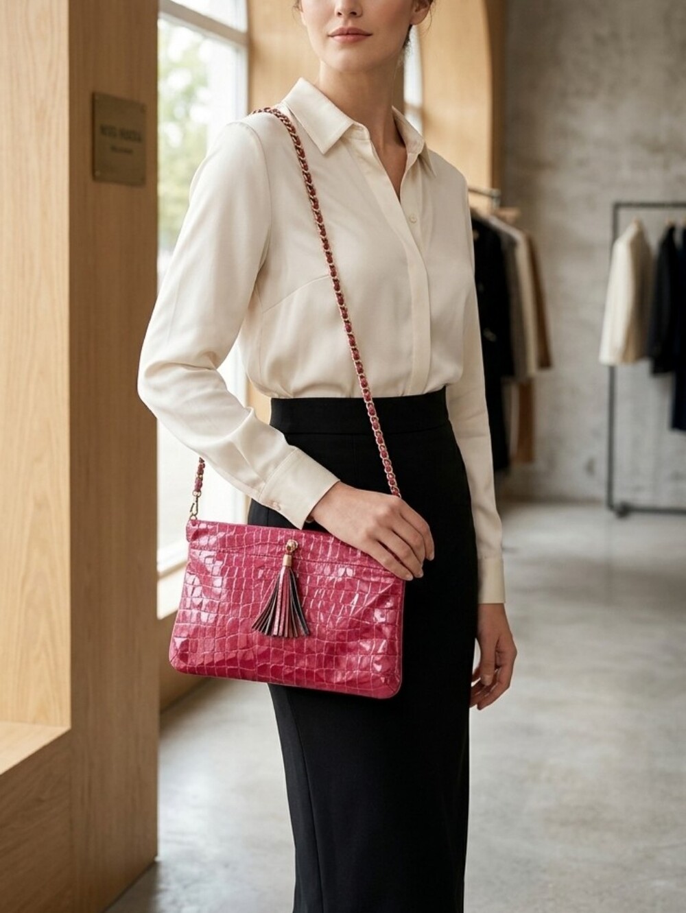 Miss Mak Montreal Pink Patent Leather Croc Embossed Clutch Chain Strap